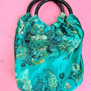 Vintage Silk Embroidered Handbag Bamboo Handle Turquoise Gold Floral Botanical
